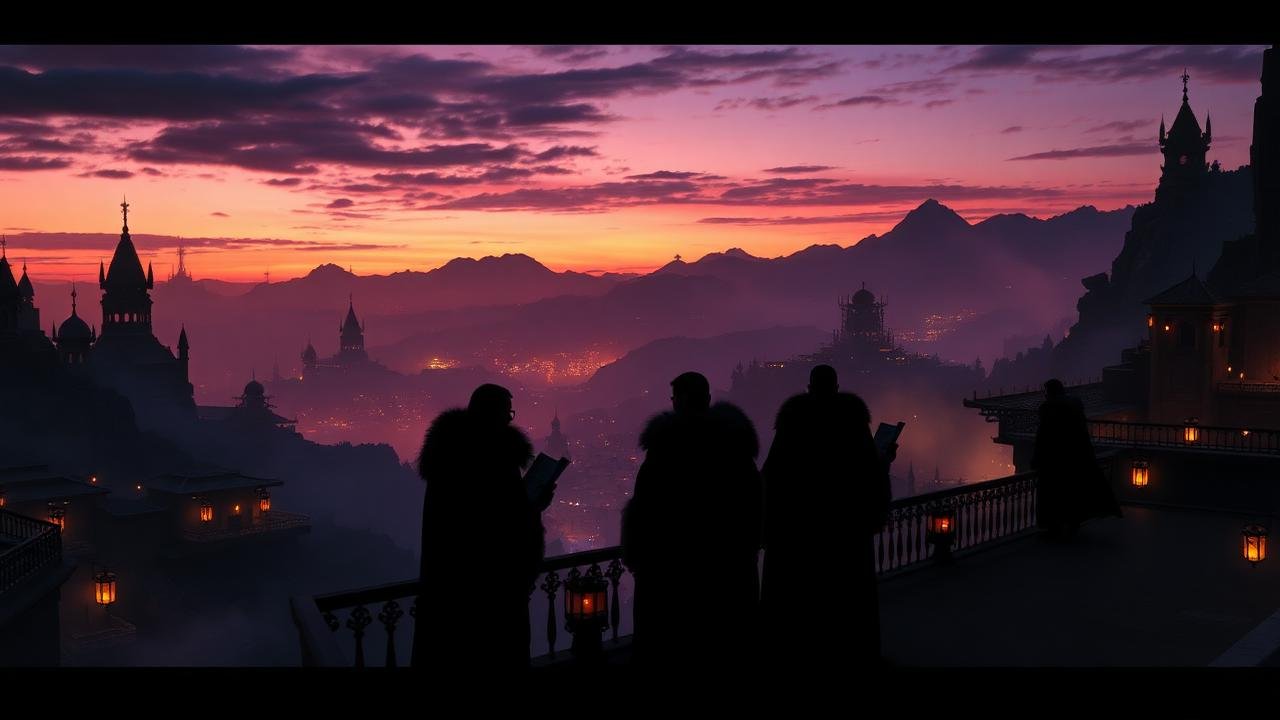 Cinematic view of Bothawui at dusk — misty spired city with lantern-lit terraces and fur-cloaked Bothan silhouettes exchanging holoscrolls on shadowed balconies, purple-and-gold twilight sky — the homeworld setting that shapes every Bothan name