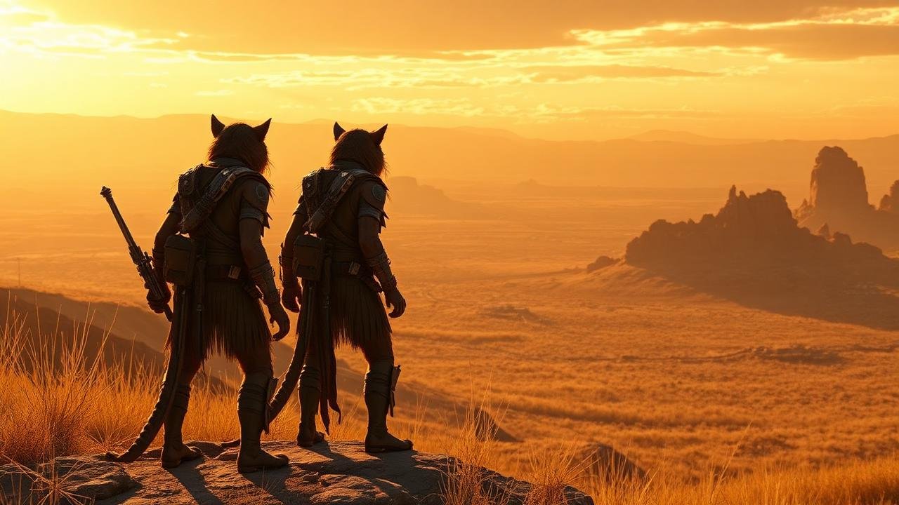 Cinematic sunset view of the planet Cathar with tawny-furred feline Cathar warriors overlooking savanna grasslands and rocky mesas — the homeworld setting that shapes every Cathar name