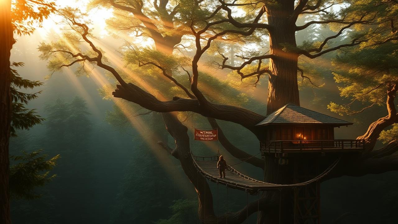 Bright Tree Village on the forest moon of Endor at golden hour — wooden Ewok platforms and rope bridges high in giant redwood canopy with a small furry Ewok scout on a bridge Bright Tree Village on the forest moon of Endor at golden hour — wooden Ewok platforms and rope bridges high in giant redwood canopy with a small furry Ewok scout on a bridge
