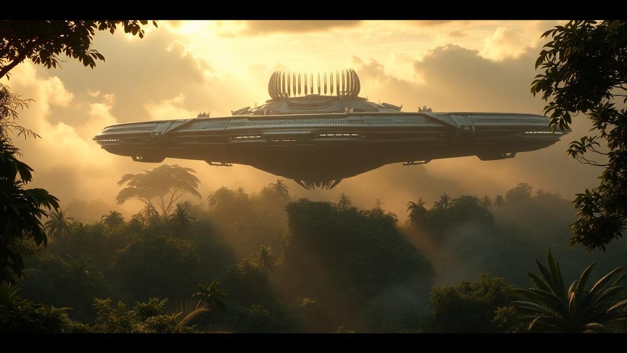 Cinematic view of Ithor at golden dawn — massive Ithorian Herdship city hovering above dense green rainforest canopies with warm sunlight breaking through mist, the sacred jungle homeworld that shapes every Ithorian name Cinematic view of Ithor at golden dawn — massive Ithorian Herdship city hovering above dense green rainforest canopies with warm sunlight breaking through mist, the sacred jungle homeworld that shapes every Ithorian name