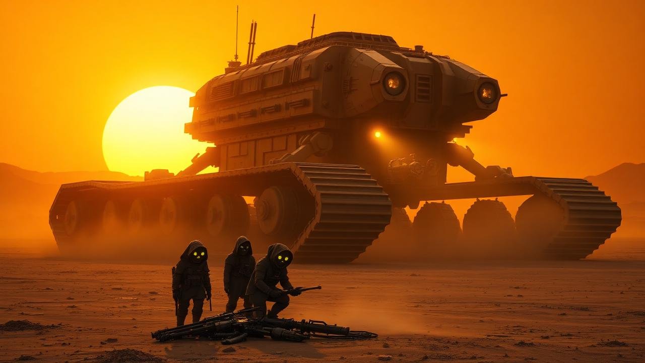 Giant Jawa sandcrawler crawling across the Tatooine desert at golden hour with small hooded Jawa scavengers and salvaged droids in the foreground under the twin suns