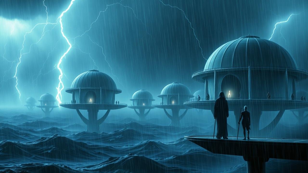 Cinematic view of Tipoca City on Kamino at night — dome-shaped stilted Kaminoan platforms in a lightning storm above the ocean, with tall long-necked Kaminoan figures on the landing pads — the homeworld setting that shapes every Kaminoan name Cinematic view of Tipoca City on Kamino at night — dome-shaped stilted Kaminoan platforms in a lightning storm above the ocean, with tall long-necked Kaminoan figures on the landing pads — the homeworld setting that shapes every Kaminoan name