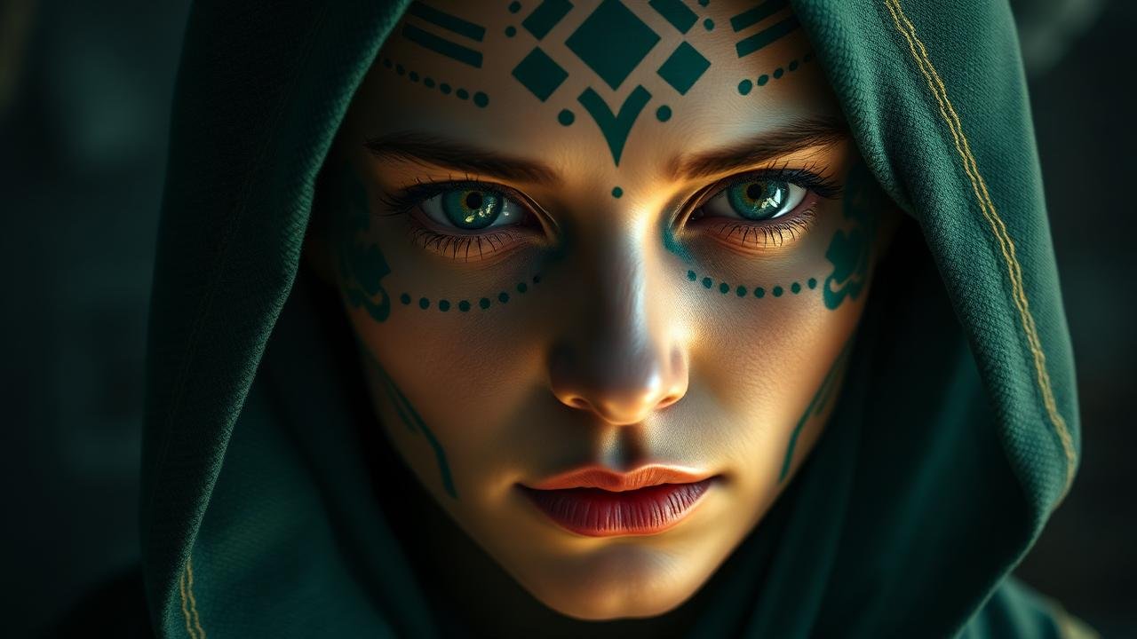 Mirialan Jedi with geometric green facial tattoos in diamond and dot patterns, hooded in a monastic robe Mirialan Jedi with geometric green facial tattoos in diamond and dot patterns, hooded in a monastic robe