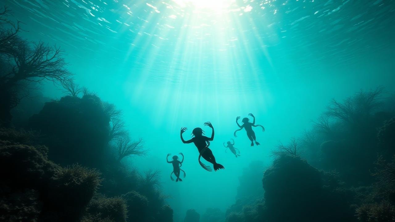 Cinematic underwater vista of Glee Anselm with coral reef-cities, kelp forests, sunbeams filtering through blue-green water, and amphibious Nautolan figures with head-tentacles swimming past ancient sunken Jedi temples Cinematic underwater vista of Glee Anselm with coral reef-cities, kelp forests, sunbeams filtering through blue-green water, and amphibious Nautolan figures with head-tentacles swimming past ancient sunken Jedi temples